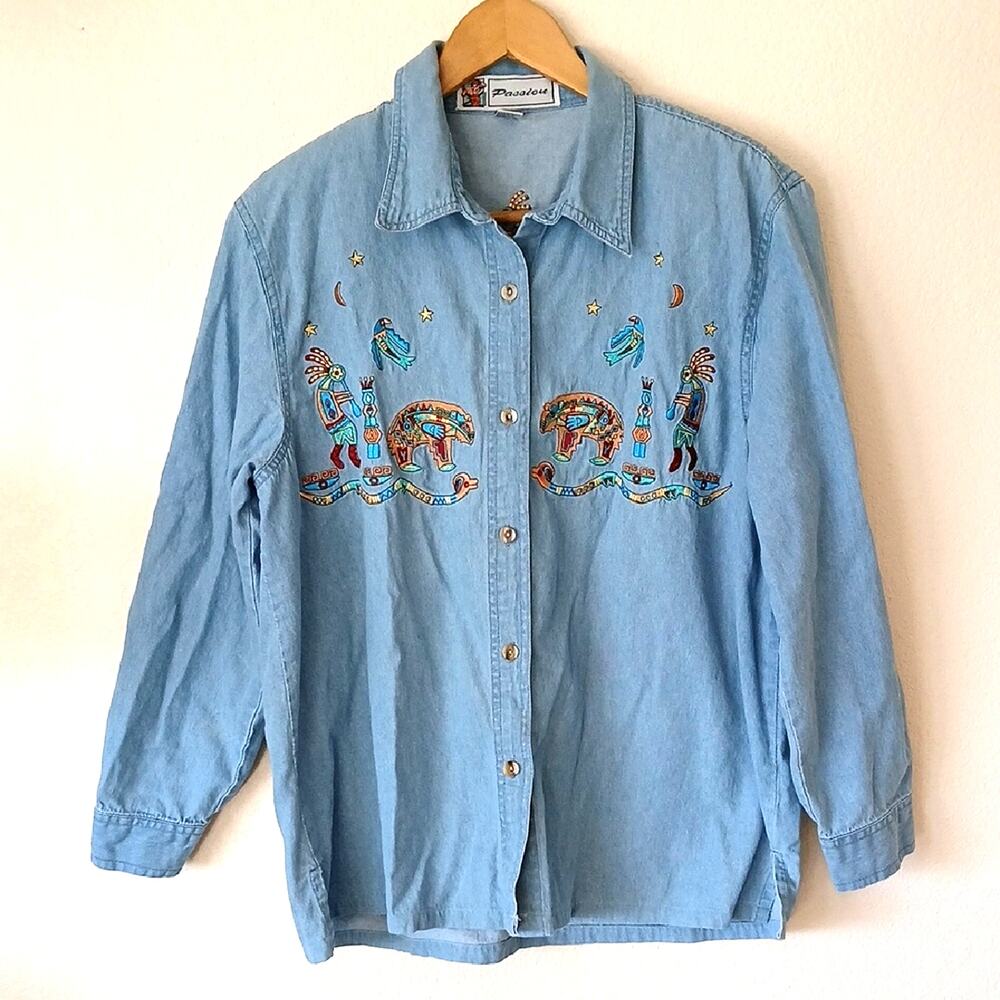 Vintage Passion Denim Button Up Southwestern Aztec Embroidery